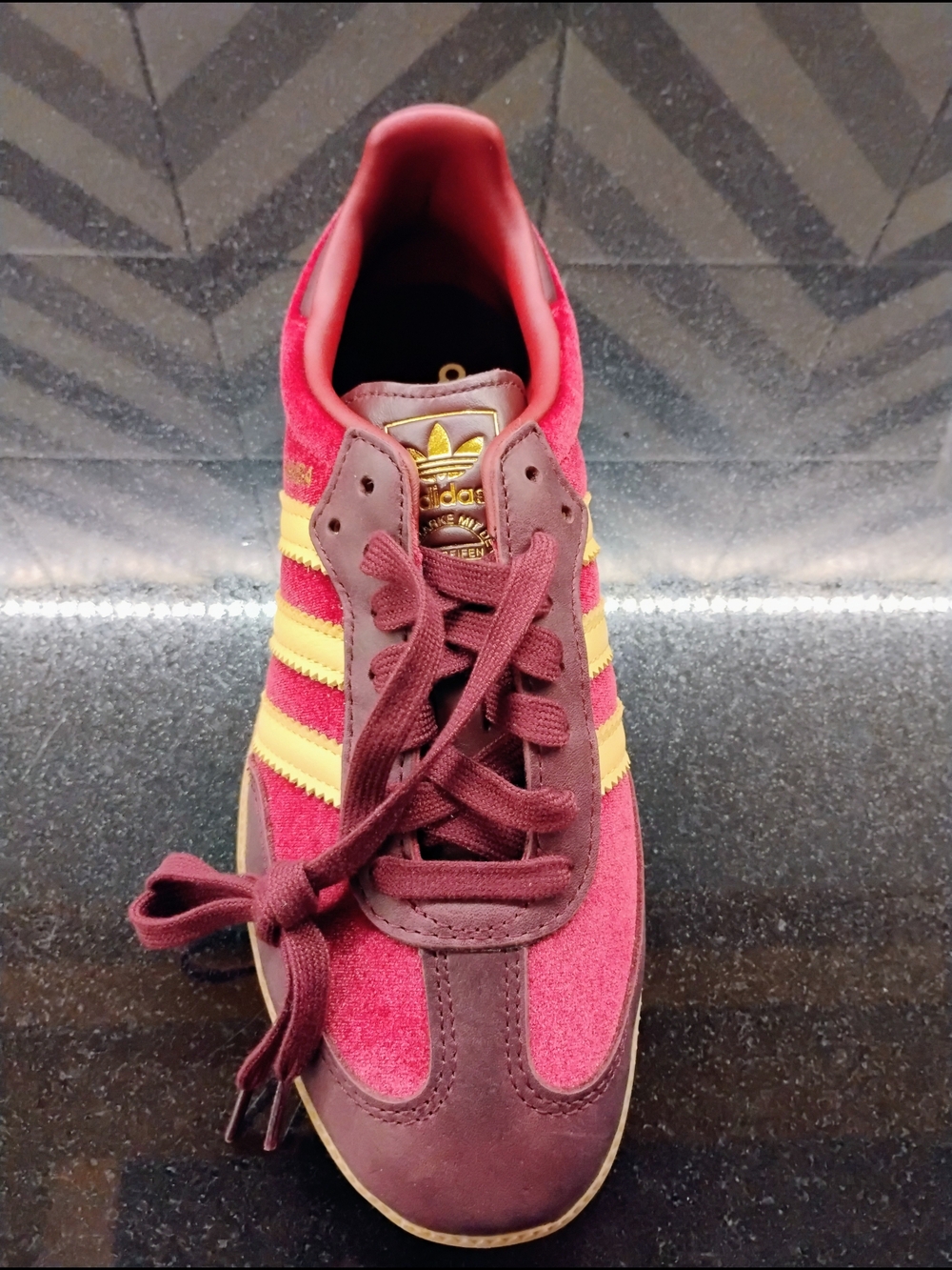 Limited Release...Adidas Samba Burgundy and Gold Velvet/Leather Sneakers - Picture 3 of 6